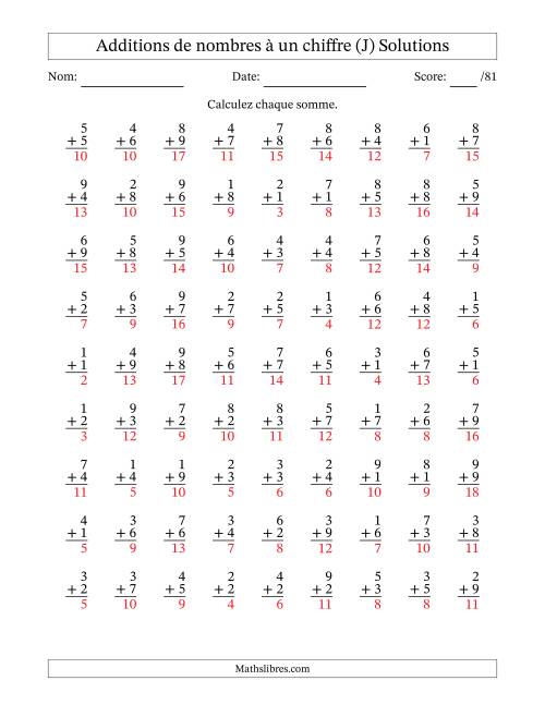 81 questions d'addition de nombres à un chiffre quelques unes avec retenue. (J) page 2