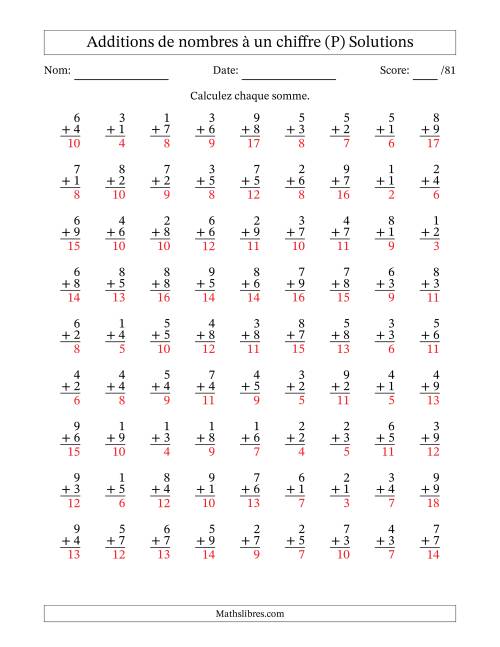 81 questions d'addition de nombres à un chiffre quelques unes avec retenue. (P) page 2