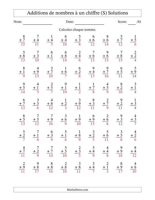 81 questions d'addition de nombres à un chiffre quelques unes avec retenue. (S) page 2