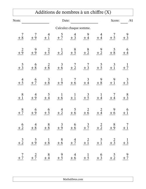 81 questions d'addition de nombres à un chiffre quelques unes avec retenue. (X)