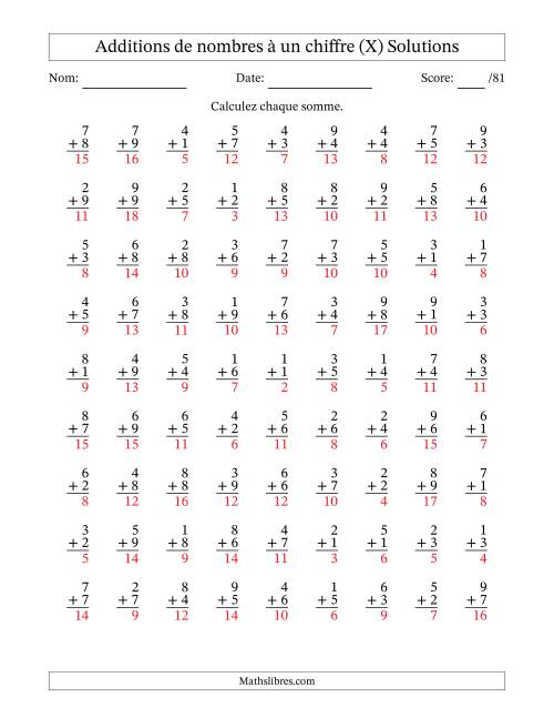 81 questions d'addition de nombres à un chiffre quelques unes avec retenue. (X) page 2