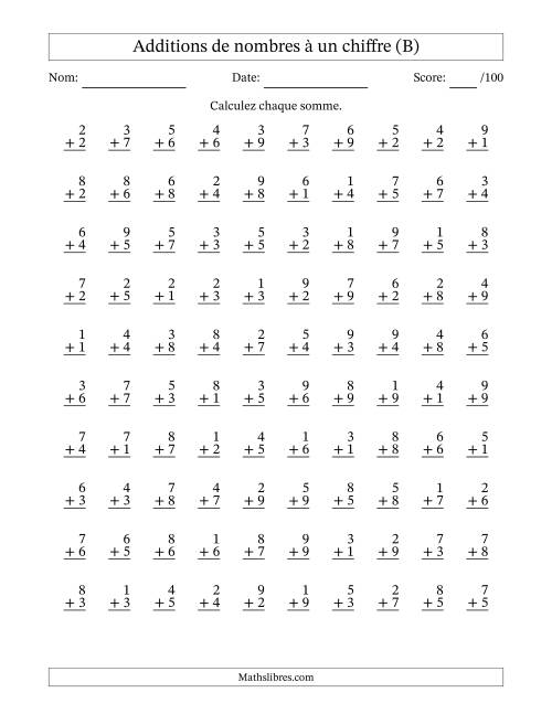 100 questions d'addition de nombres à un chiffre quelques unes avec retenue. (B)