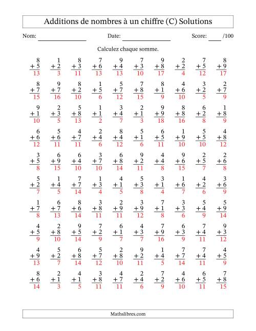 100 questions d'addition de nombres à un chiffre quelques unes avec retenue. (C) page 2