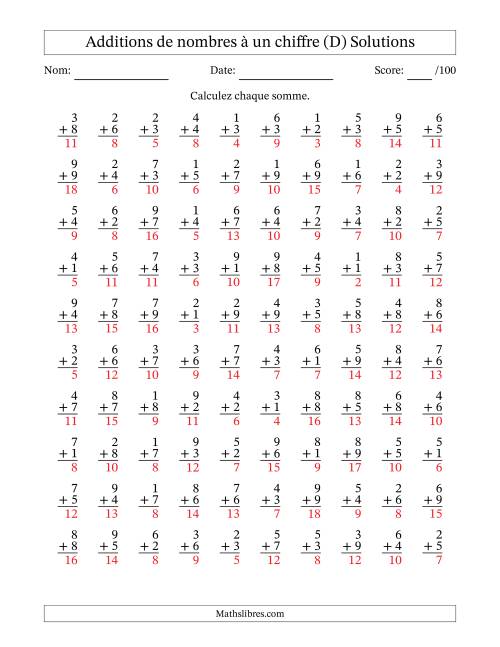 100 questions d'addition de nombres à un chiffre quelques unes avec retenue. (D) page 2