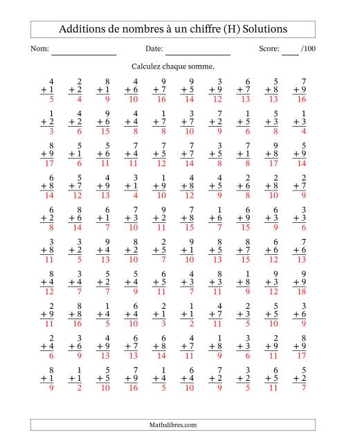 100 questions d'addition de nombres à un chiffre quelques unes avec retenue. (H) page 2