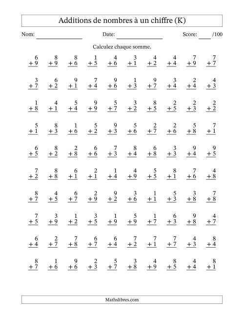 100 questions d'addition de nombres à un chiffre quelques unes avec retenue. (K)