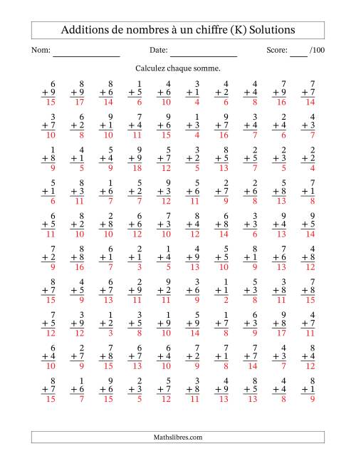 100 questions d'addition de nombres à un chiffre quelques unes avec retenue. (K) page 2