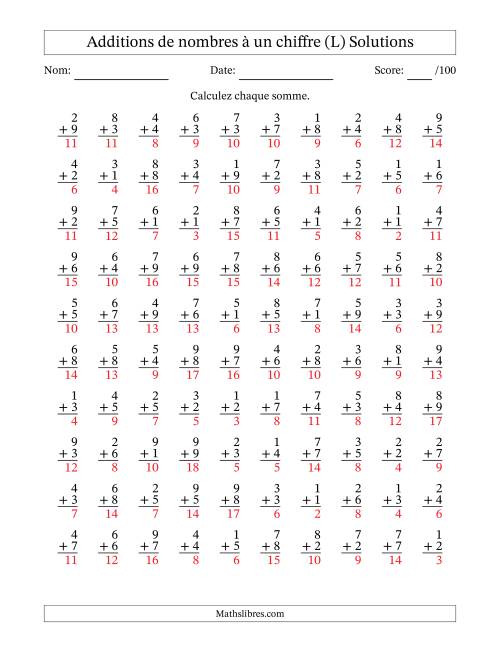 100 questions d'addition de nombres à un chiffre quelques unes avec retenue. (L) page 2
