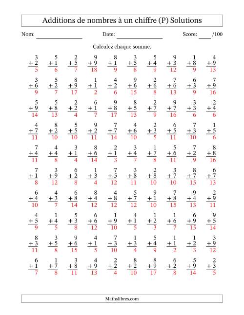 100 questions d'addition de nombres à un chiffre quelques unes avec retenue. (P) page 2