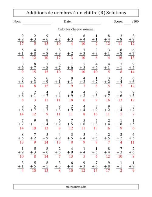 100 questions d'addition de nombres à un chiffre quelques unes avec retenue. (R) page 2