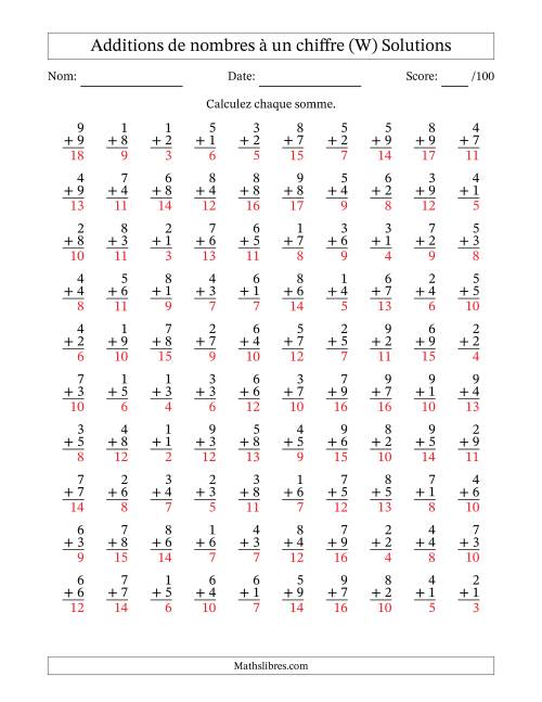 100 questions d'addition de nombres à un chiffre quelques unes avec retenue. (W) page 2