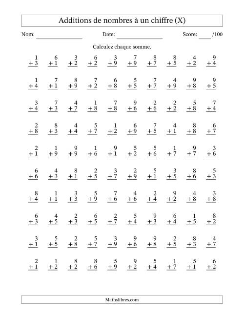 100 questions d'addition de nombres à un chiffre quelques unes avec retenue. (X)