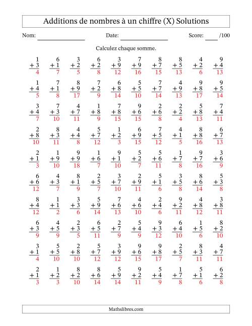 100 questions d'addition de nombres à un chiffre quelques unes avec retenue. (X) page 2