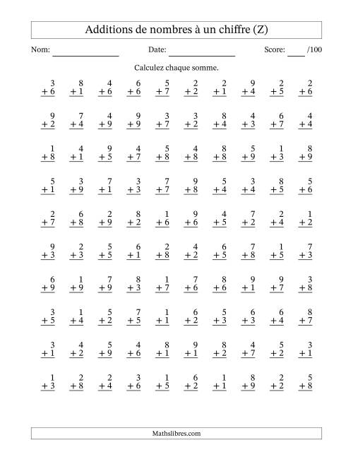 100 questions d'addition de nombres à un chiffre quelques unes avec retenue. (Z)