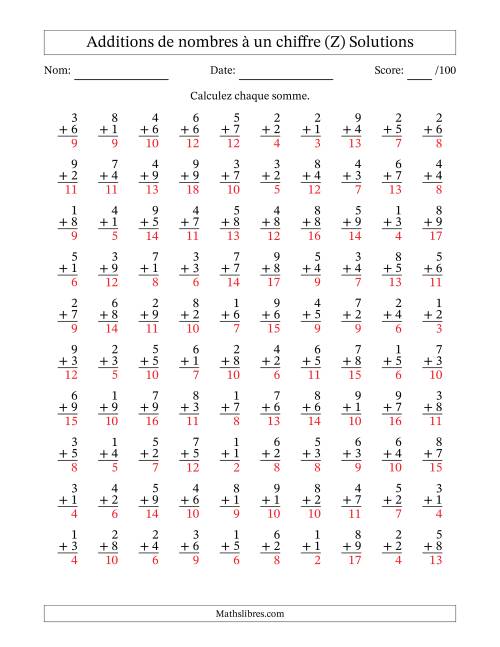 100 questions d'addition de nombres à un chiffre quelques unes avec retenue. (Z) page 2
