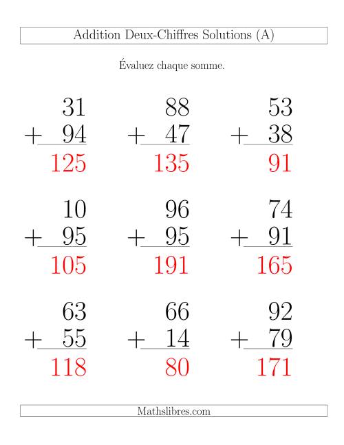 Addition de nombres à deux chiffres avec retenue -- 100 par page (Gros Caractères) page 2