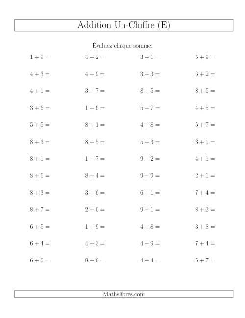 Addition de nombres à un chiffre, quelques unes avec retenue -- 52 par page (E)