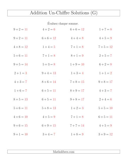 Addition de nombres à un chiffre, quelques unes avec retenue -- 52 par page (G) page 2