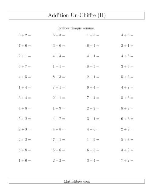 Addition de nombres à un chiffre, quelques unes avec retenue -- 52 par page (H)