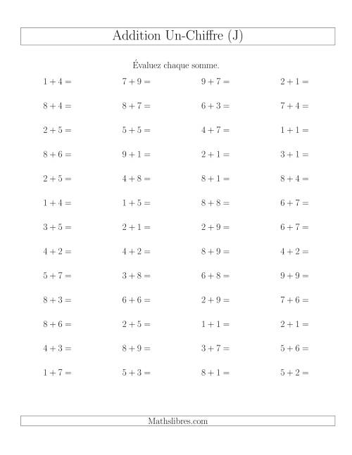 Addition de nombres à un chiffre, quelques unes avec retenue -- 52 par page (J)