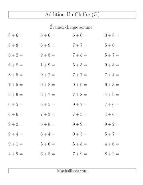 Addition de nombres à un chiffre avec retenue -- 52 par page (G)
