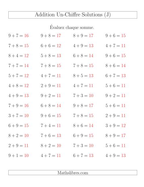 Addition de nombres à un chiffre avec retenue -- 52 par page (J) page 2