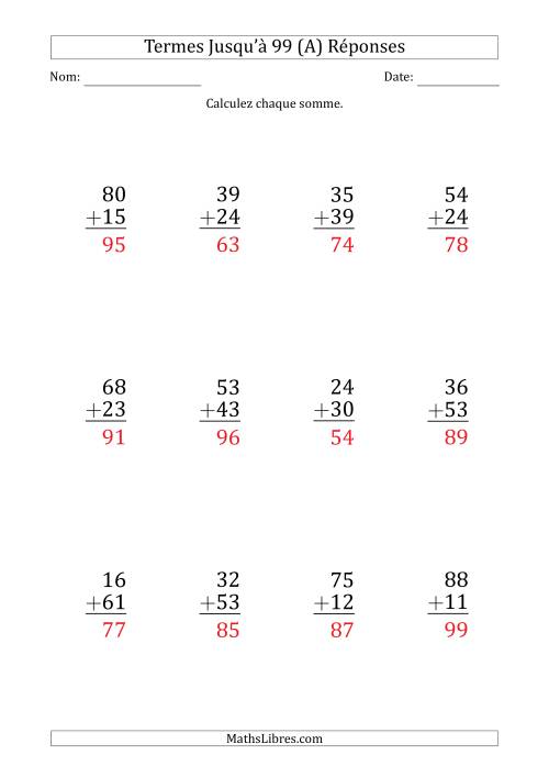 Gros Caractère - Addition d'un Nombre à 2 Chiffres avec des Termes Jusqu'à 99 (12 Questions) (A) page 2
