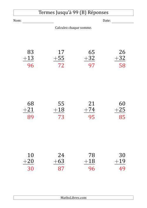 Gros Caractère - Addition d'un Nombre à 2 Chiffres avec des Termes Jusqu'à 99 (12 Questions) (B) page 2