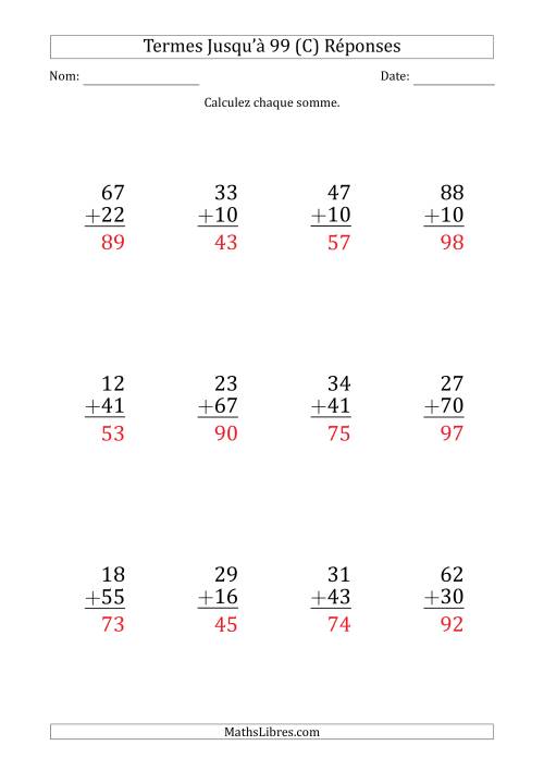 Gros Caractère - Addition d'un Nombre à 2 Chiffres avec des Termes Jusqu'à 99 (12 Questions) (C) page 2