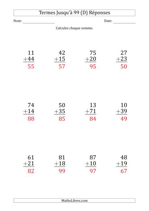 Gros Caractère - Addition d'un Nombre à 2 Chiffres avec des Termes Jusqu'à 99 (12 Questions) (D) page 2