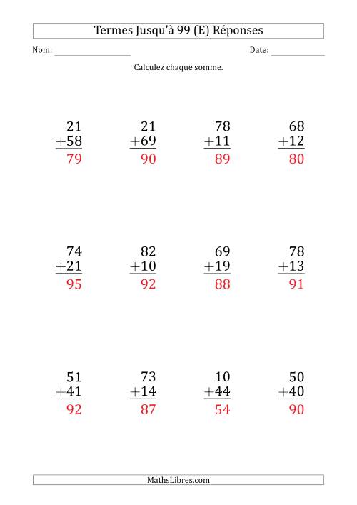 Gros Caractère - Addition d'un Nombre à 2 Chiffres avec des Termes Jusqu'à 99 (12 Questions) (E) page 2