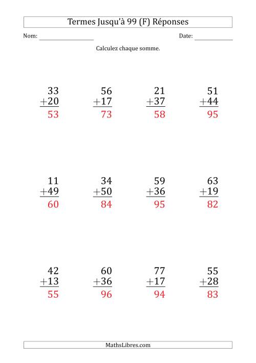 Gros Caractère - Addition d'un Nombre à 2 Chiffres avec des Termes Jusqu'à 99 (12 Questions) (F) page 2
