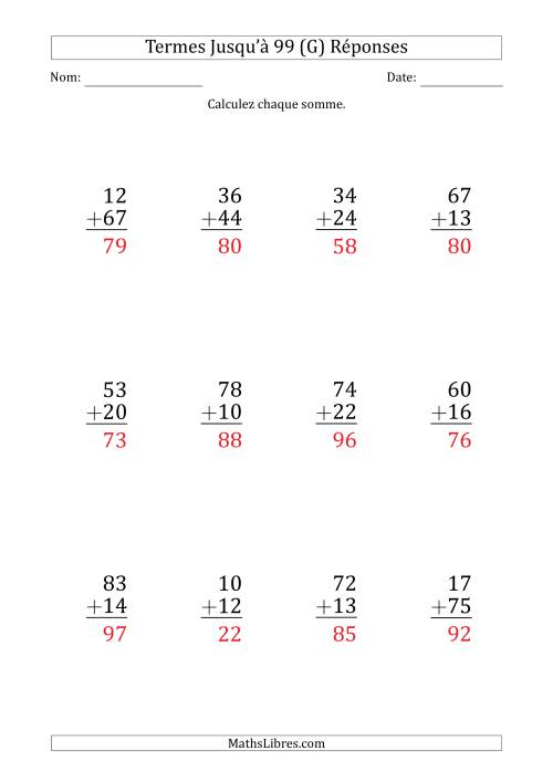 Gros Caractère - Addition d'un Nombre à 2 Chiffres avec des Termes Jusqu'à 99 (12 Questions) (G) page 2