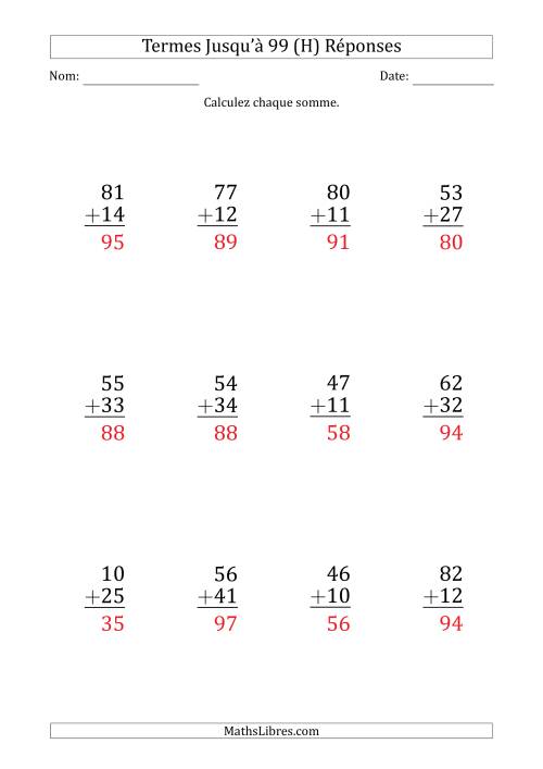 Gros Caractère - Addition d'un Nombre à 2 Chiffres avec des Termes Jusqu'à 99 (12 Questions) (H) page 2