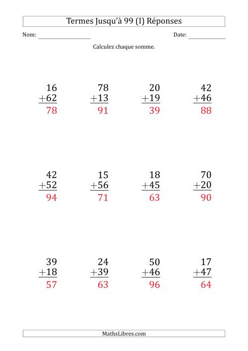 Gros Caractère - Addition d'un Nombre à 2 Chiffres avec des Termes Jusqu'à 99 (12 Questions) (I) page 2