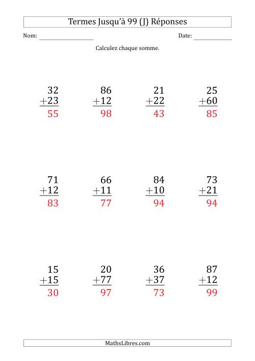 Gros Caractère - Addition d'un Nombre à 2 Chiffres avec des Termes Jusqu'à 99 (12 Questions) (J) page 2