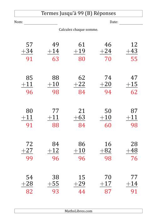 Gros Caractère - Addition d'un Nombre à 2 Chiffres avec des Termes Jusqu'à 99 (25 Questions) (B) page 2