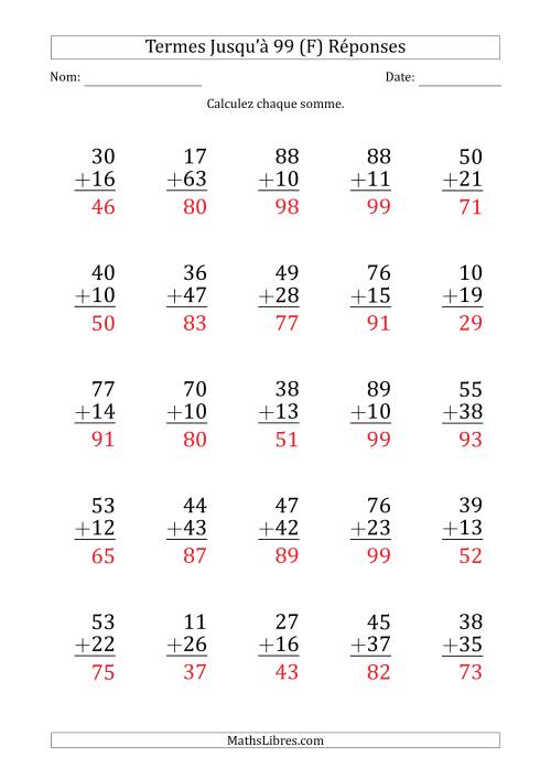 Gros Caractère - Addition d'un Nombre à 2 Chiffres avec des Termes Jusqu'à 99 (25 Questions) (F) page 2