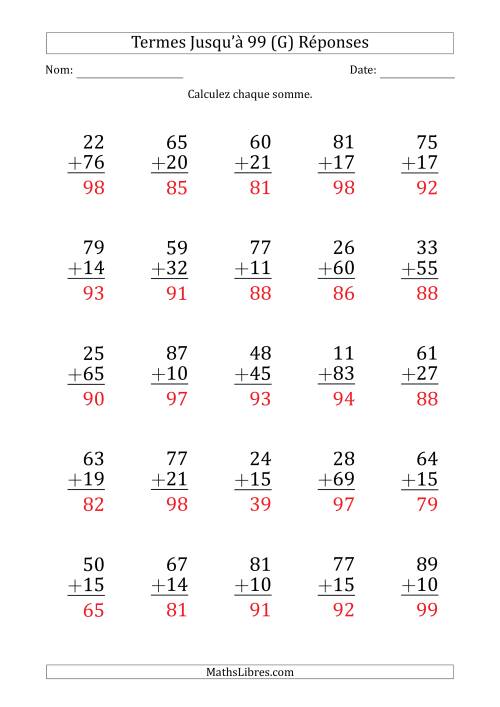 Gros Caractère - Addition d'un Nombre à 2 Chiffres avec des Termes Jusqu'à 99 (25 Questions) (G) page 2