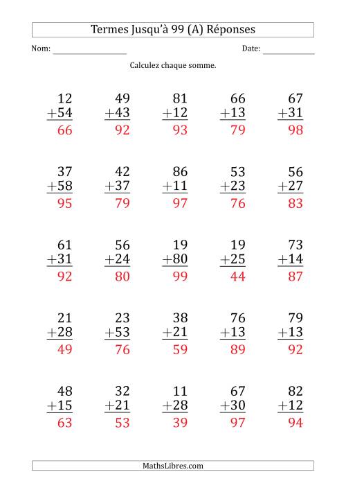 Gros Caractère - Addition d'un Nombre à 2 Chiffres avec des Termes Jusqu'à 99 (25 Questions) (Tout) page 2