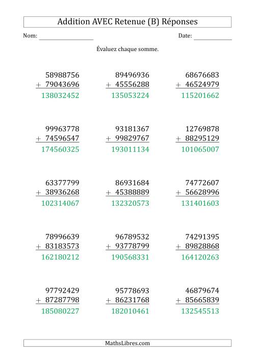Addition d'un Nombre à 8 Chiffres par un Nombre à 8 Chiffres AVEC retenue (B) page 2