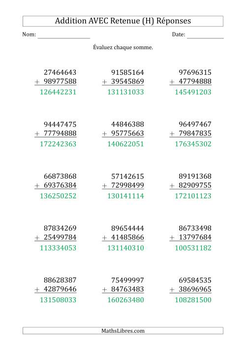 Addition d'un Nombre à 8 Chiffres par un Nombre à 8 Chiffres AVEC retenue (H) page 2