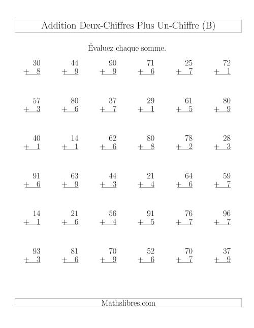 Addition de nombres à Un et Deux Chiffres (36 par page) (B)