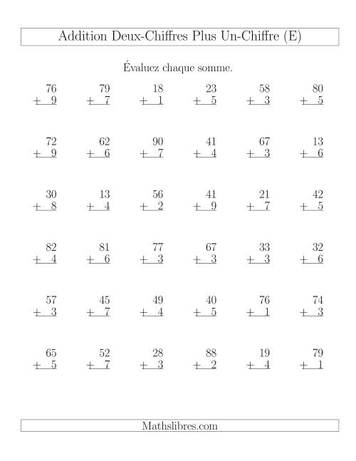 Addition de nombres à Un et Deux Chiffres (36 par page) (E)