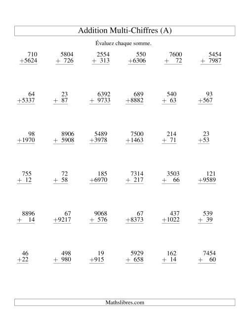 Addition de nombres à chiffres variés (Ancien)