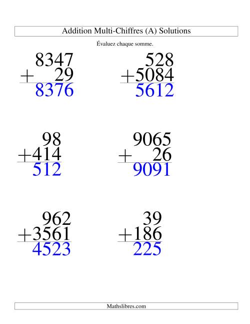 Addition de nombres à chiffres variés (Gros Caractères) page 2