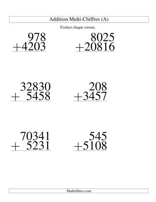Addition de nombres à chiffres variés (Gros Caractères)