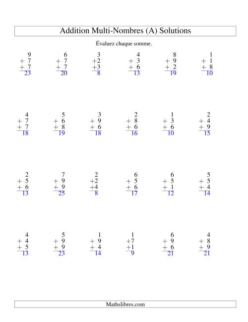 Addition de trois nombres à un chiffre (A) page 2