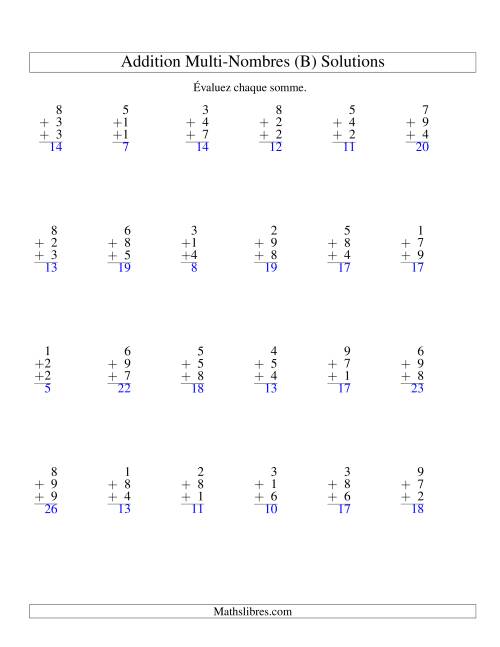 Addition de trois nombres à un chiffre (B) page 2