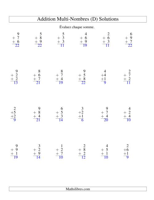 Addition de trois nombres à un chiffre (D) page 2